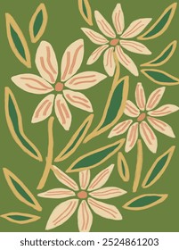Weiße Blumen und Blätter Muster auf grünem Hintergrund für Web-Banner, Branding-Paket, Stoffdruck, Tapete, Social-Media-Post, Doodle, Notizen, Buchumschläge, Wanddekoration.