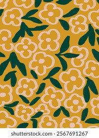 White flowers and leaves patterns on yellow background for web banner, branding package, fabric print, wallpaper, social media post, doodle, notes, book covers, wall decor.