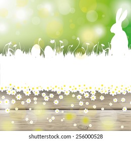 White flowers with lights on the green and wooden background. Eps 10 vector file.