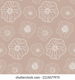 Flores blancas de fondo beige. Patrón vectorial sin cable.