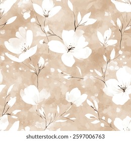 White flowers on a beige background, watercolor flower seamless pattern. Watercolor print in rustic vintage style, textile or wallpaper.