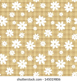 White flowers on a beige wicker background. Eps-10 vector seamless pattern.