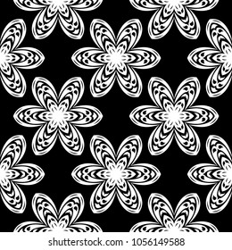 White flowers on black background. Ornamental seamless pattern for textile and wallpapers