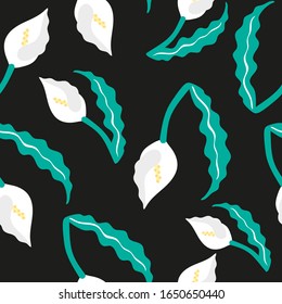 Flores blancas sobre un fondo negro vectorial interminable sin fisuras. Ilustración vectorial, plantilla para impresión en tela, papel, embalaje, papel pintado.
