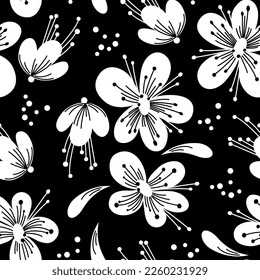 white flowers on a black background make up a seamless pattern. naive flowers in the style of the middle of the last century make up a black and white abstract background. flat drawing. stock vector 