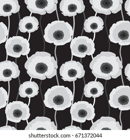 White flowers on a black background. Seamless texture. Vector.