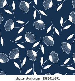 white flowers on a blue background seamless pattern...