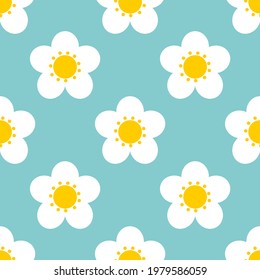 Weiße Blumen auf blauem Hintergrund, nahtloses Muster. Vektorgrafik.