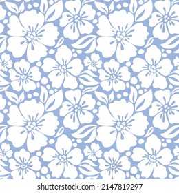 White flowers on a blue background. Seamless pattern for fabric, wrapping, textile, wallpaper, apparel. Vector.