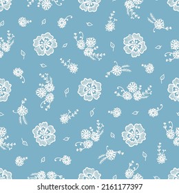 White Flowers on Blue Background. Floral Seamless Pattern. Outline Ditsy print. Vector illustration.