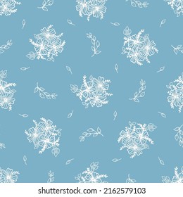 White Flowers on Blue Background. Floral Seamless Pattern. Outline Ditsy print. Vector illustration
