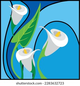 White flowers on  blue background. Three white callas and a green leaf on a blue background. Square stained glass, illustration, vector drawing. Beautiful garden plants, potted flowers