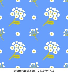 Flores blancas sobre fondo azul, Patrón sin foco, Vector, Blossom, Primavera, Fondo floral, Diseño de tela, Papel tapiz
