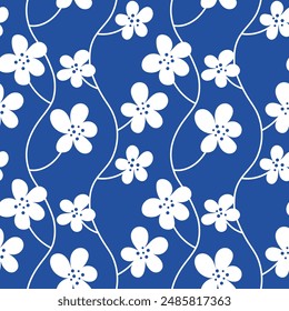 White flowers on a blue background. Vector seamless pattern