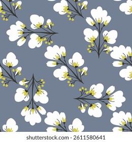 White flowers on blue grey Seamless pattern background ideal for wrapping paper, fabric, textile etc.