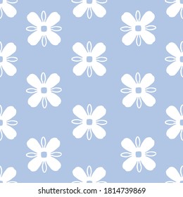 White flowers on blue seamless vector repeat pattern background.