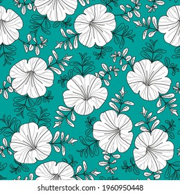 White flowers on a bluish green background. Seamless pattern with petunia. Beautiful vector texture.