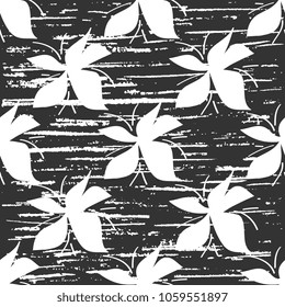 White flowers on a gray background. Seamless vector illustration with old vintage texture. Abstract design.