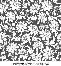 Flores blancas en un fondo gris. Patrón elegante de planta. Ornamento sin mangas.