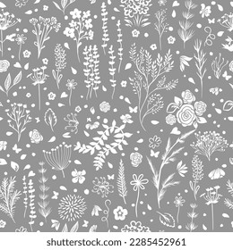 White flowers on a gray background. Floral seamless pattern. Vector illustration