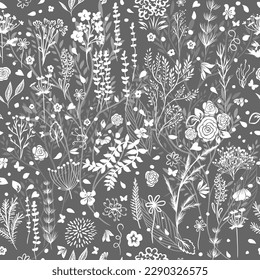 Flores blancas en un fondo gris. Patrón floral sin fisuras. Ilustración del vector