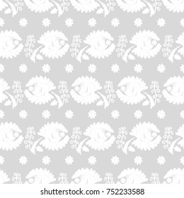 White flowers on a gray background. Embroidery texture. White Texture. Seamless vector background.