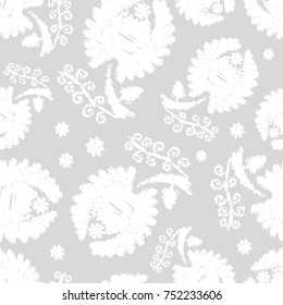 White flowers on a gray background. Embroidery texture. White Texture. Seamless vector background.