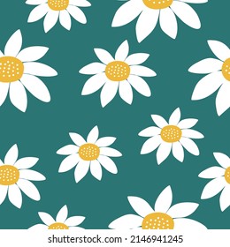 White flowers on a green background. Chamomiles hand drawn vector illustration. Floral seamless pattern.