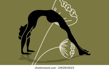 White flowers on green background, woman doing yoga, yogini, yoga poses, balance, stretching, personal care, self-journey, harmony. Yoga studio, wall decoration, poster, banner, painting, Sports, ente