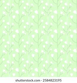 White flowers on a green background, green lines, fabric pattern, wrapping paper, notebook cover , seamless pattern 