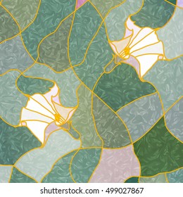 White flowers on a green background of leaves. Vector composition of Datura flowers. Stained glass window for interior design. Tiffany stained glass. Leaded pane.