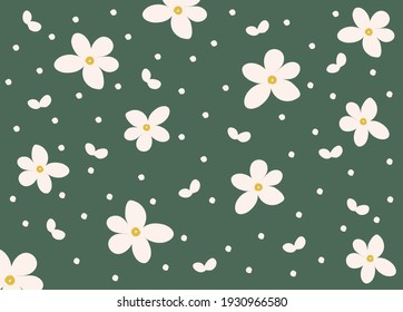 White flowers on green pattern background vector illustration