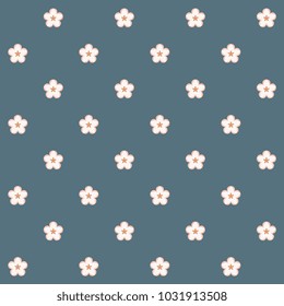 White flowers on a indigo background. Simple cute floral all over ornament. Pale colors vector illustration. Polka dot style design. Printing block for room wallpaper, cloth fabric, home textile.