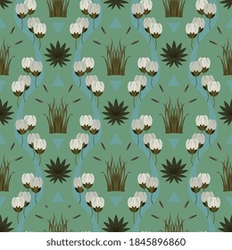 White flowers on light blue, sage green background. Vector seamless pattern.