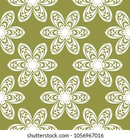 White flowers on olive green background. Ornamental seamless pattern for textile and wallpapers