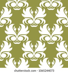 White flowers on olive green background. Ornamental seamless pattern for textile and wallpapers