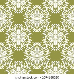 White flowers on olive green background. Ornamental seamless pattern for textile and wallpapers