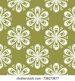 White flowers on olive green background. Ornamental seamless pattern for textile and wallpapers