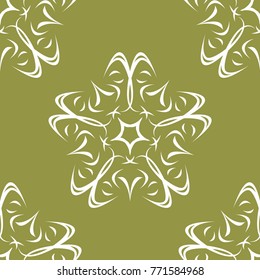 White flowers on olive green background. Ornamental seamless pattern for textile and wallpapers