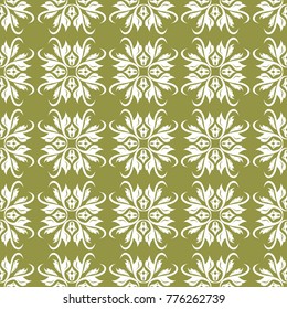 White flowers on olive green background. Ornamental seamless pattern for textile and wallpapers