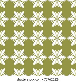 White flowers on olive green background. Ornamental seamless pattern