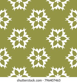 White flowers on olive green background. Ornamental seamless pattern for textile and wallpapers