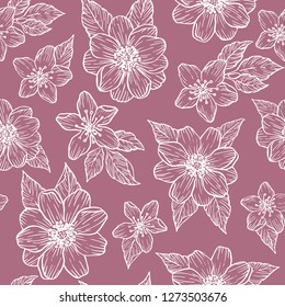 White flowers on a pink background. Vector seamless pattern. Hand drawing black and white floral illustration. Vintage botanical sketch.