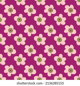 Flores blancas de fondo morado. Patrón repetido y sin problemas. Hippie, estilo boho.