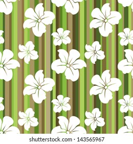 White flowers on a striped background. Vector seamless pattern.