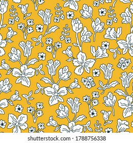White flowers on yellow background. Seamless print with small plants. Vintage collection. Template for textile design, cards, wallpapers, gift wrappings.
