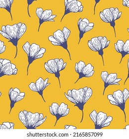 White flowers on yellow background seamless vector pattern