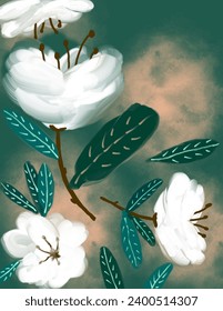 White flowers painting aesthetic patterns on green background for web banner, branding package, fabric print, wallpaper, social media post, doodle, notes, book covers, wall decor.