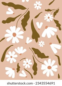 White flowers pattern, daisy flowers with the leaves on pink background. illustrations, vector aesthetic for wallpaper, wall decor, templates covers, art prints