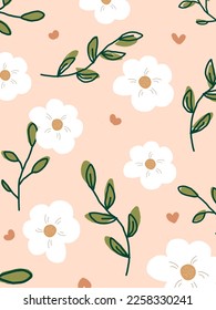 White flowers pattern with the leaves on nude orange color background. illustrations, vector aesthetic for wallpaper, wall decor, templates covers, art prints